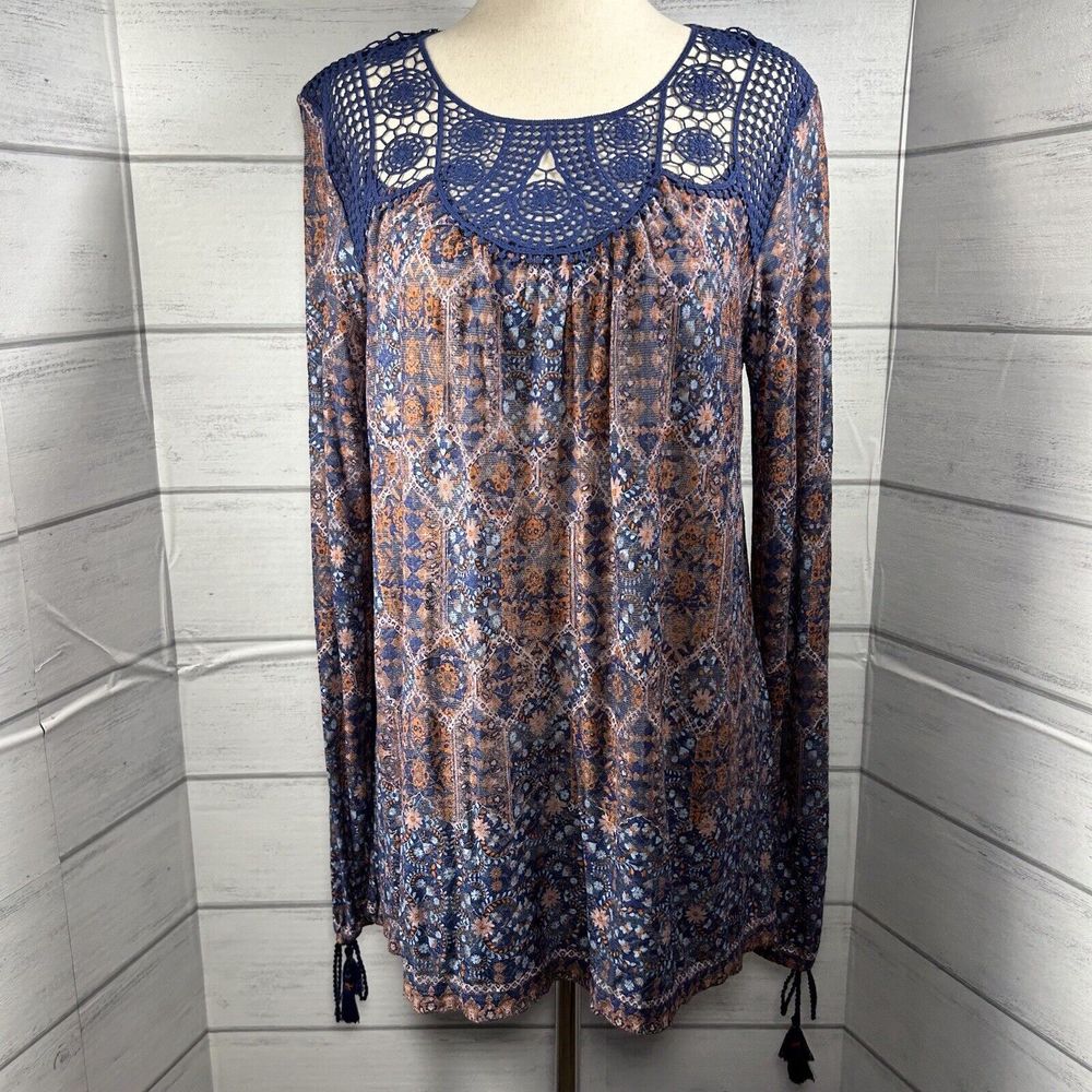 Vintage America Women's Boho Top Blouse Tassel Long Sleeve Multicolor Size Small